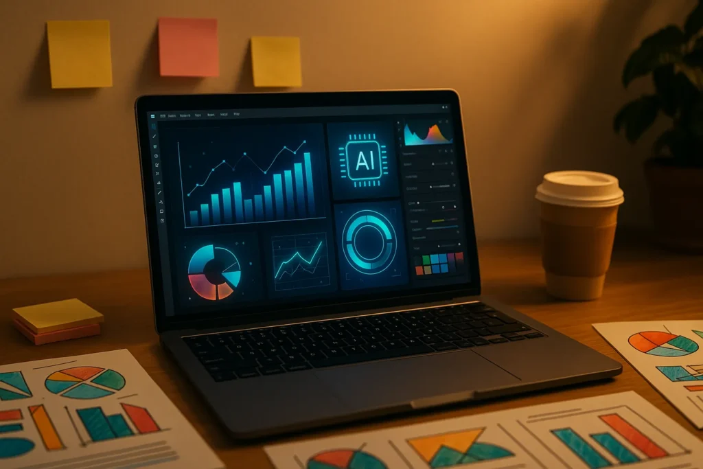 Laptop sedi na stolu okruzen ai formama