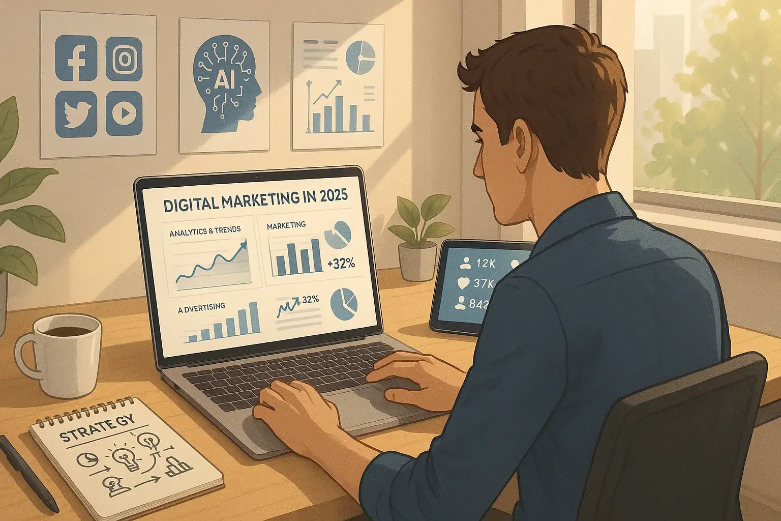 Osoba za stolom prati najnovije trendove digitalnog marketinga na laptopu; na zidu tri slike: logo društvenih mreža, AI simbol i grafikon rasta; na stolu hemijska, papir sa strategijom, šolja kafe, cvet u saksiji i dodatni ekran sa prikazom lajkova i pregleda
