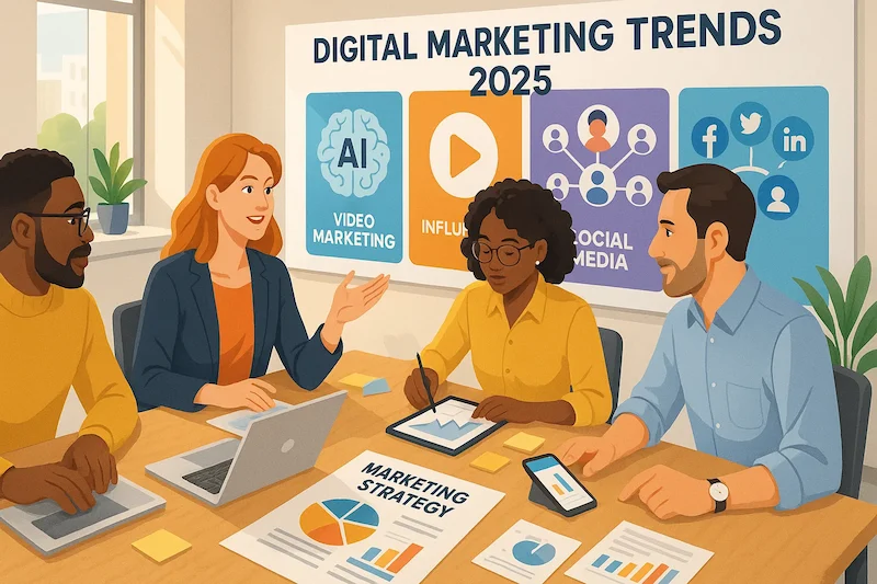 Crtež kancelarije sa četiri osobe koje sede za stolom; na zidu četiri slike: video marketing, influencer marketing, social media i logoi društvenih mreža; na stolu papir sa marketing strategijom, laptop, telefoni i papir sa analitikom